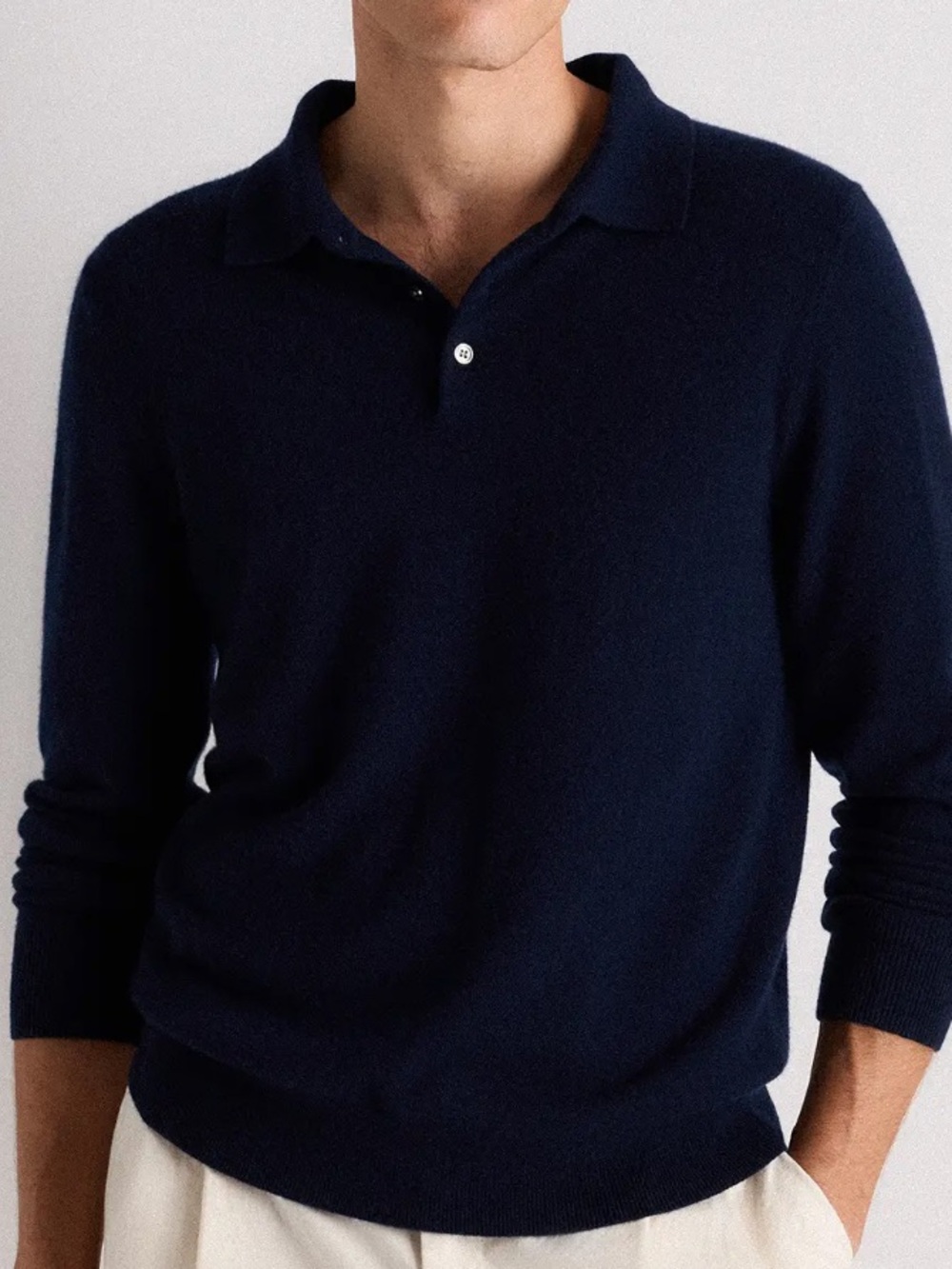Quince Mongolian Cashmere Polo Sweater Long Sleeve  Blue Quiet Luxury Classic L
